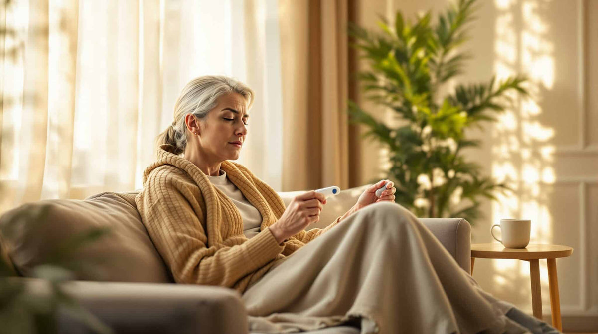 Gray-haired woman wrapped in a blanket on a sofa, visibly ill, holding a digital fever thermometer in warm daylight