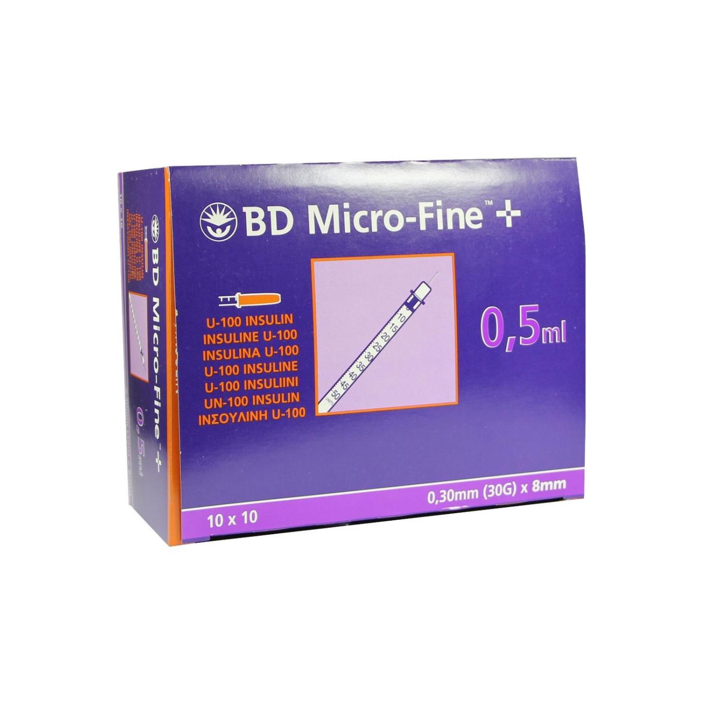 BD MICRO-FINE+ Insulin Syringe with Needle 0.5ml - U100 - 0.30mm (30 G) x 8mm | 100 Pieces