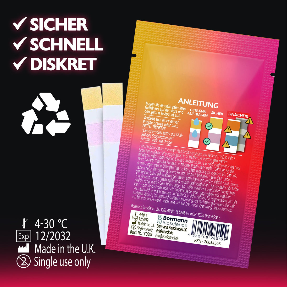 DrinkCheck KO Tropfen Schnelltest zur Erkennung von Ketamin, GHB, Scopolamin und Kokain