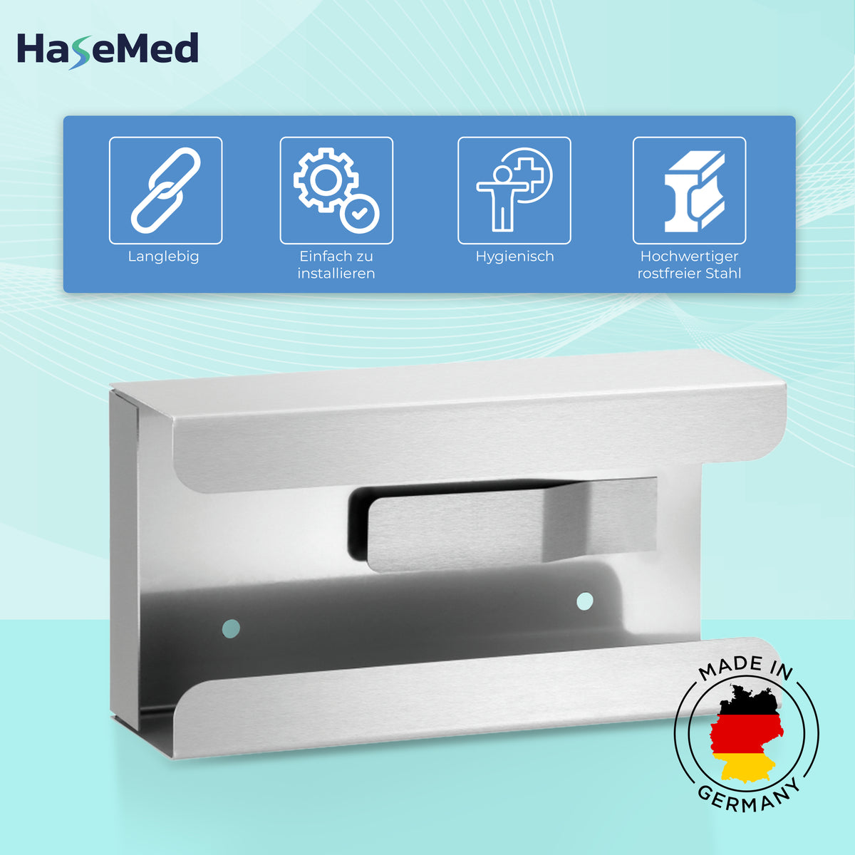 HaseMed HAS-30 Edelstahlhalter mit Feder für eine Handschuhbox, mit Eigenschaftsangaben und einer Herkunftsgrafik dargestellt. Geliefert wird ein Halter.