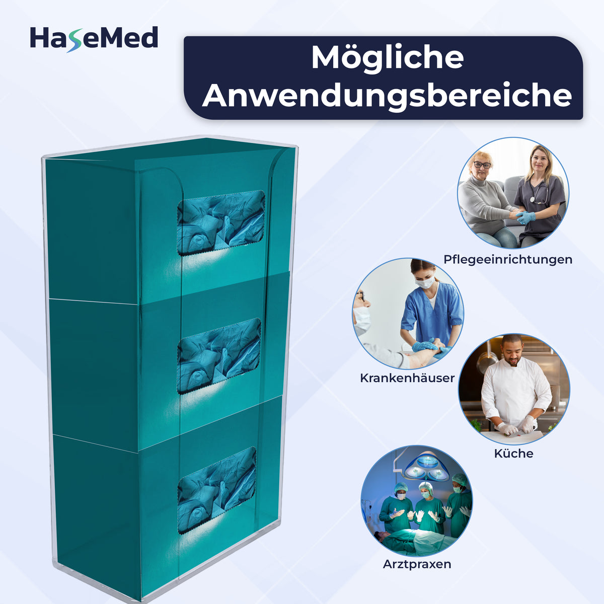 HaseMed HAS-35 Acrylhalter mit Feder für drei Handschuhboxen, mit Boxen und Anwendungsbeispielen dargestellt. Geliefert wird ein Halter. Handschuhe und Boxen sind nicht enthalten.