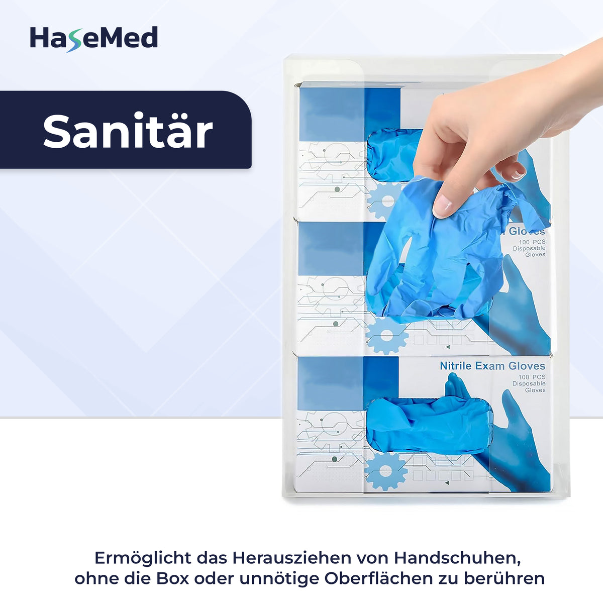 HaseMed HAS-35 Acrylhalter mit Feder für drei Handschuhboxen, bei der Handschuhentnahme mit erläuternder Beschriftung dargestellt. Geliefert wird ein Halter. Handschuhe und Boxen sind nicht enthalten.
