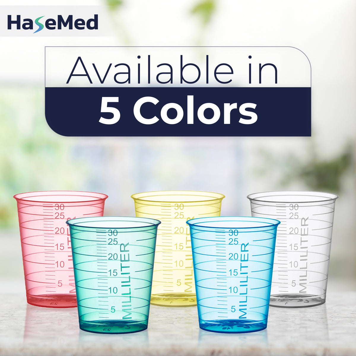 HaseMed Medizinbecher mit 30 ml in fünf verfügbaren Farben. Jede Packung enthält 80 Becher einer ausgewählten Farbe ohne Deckel.