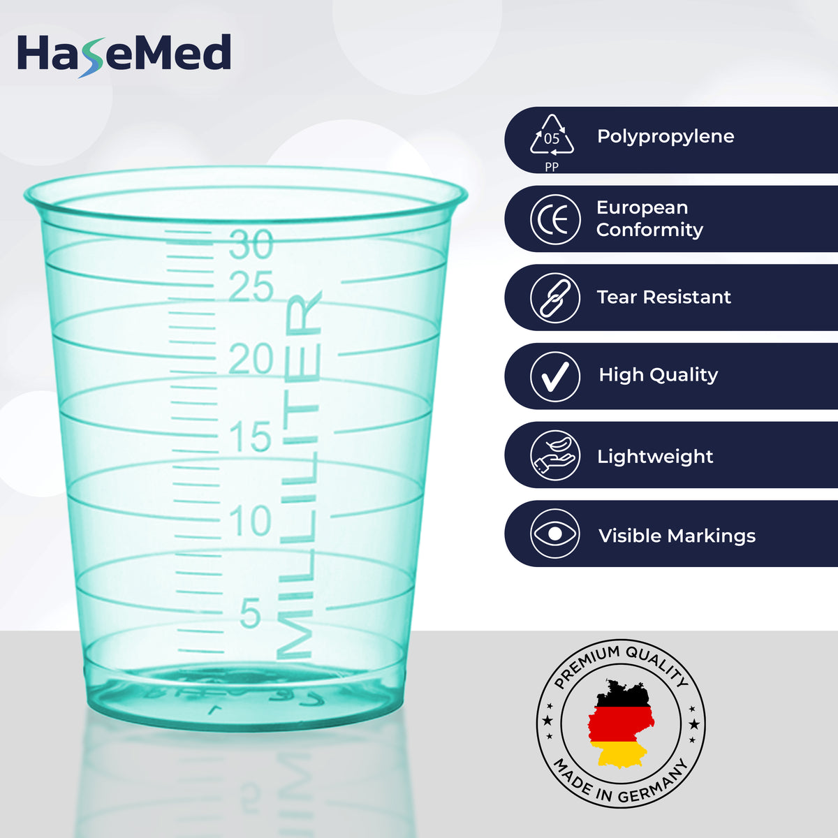 Eigenschaftsgrafik für HaseMed Medizinbecher mit 30 ml. Farbe: grün. Verkauft werden 80 Becher einer ausgewählten Farbe, ohne Deckel.