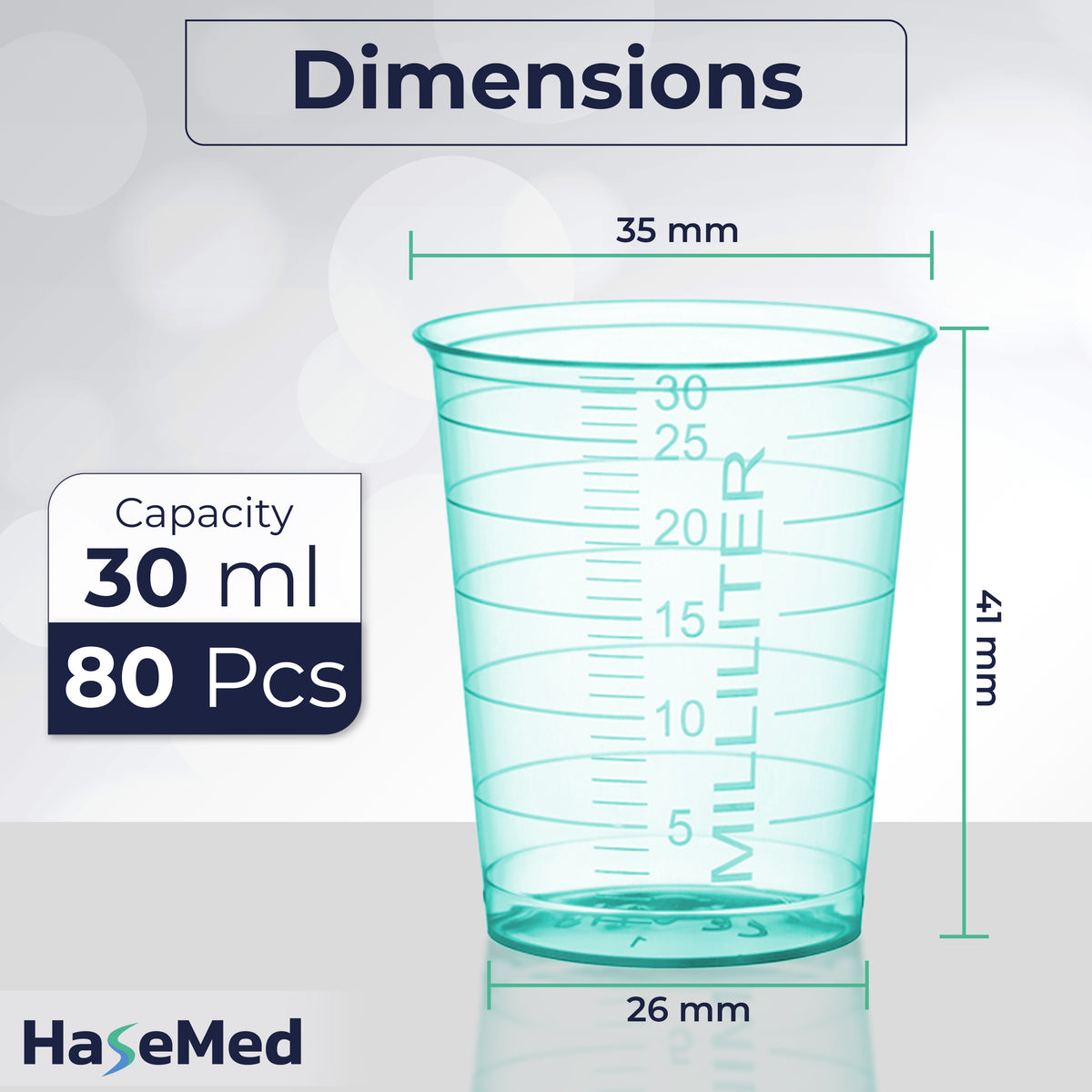 Maßgrafik eines HaseMed Medizinbechers mit 30 ml. Farbe: grün. Verkauft werden 80 Becher einer ausgewählten Farbe, ohne Deckel.