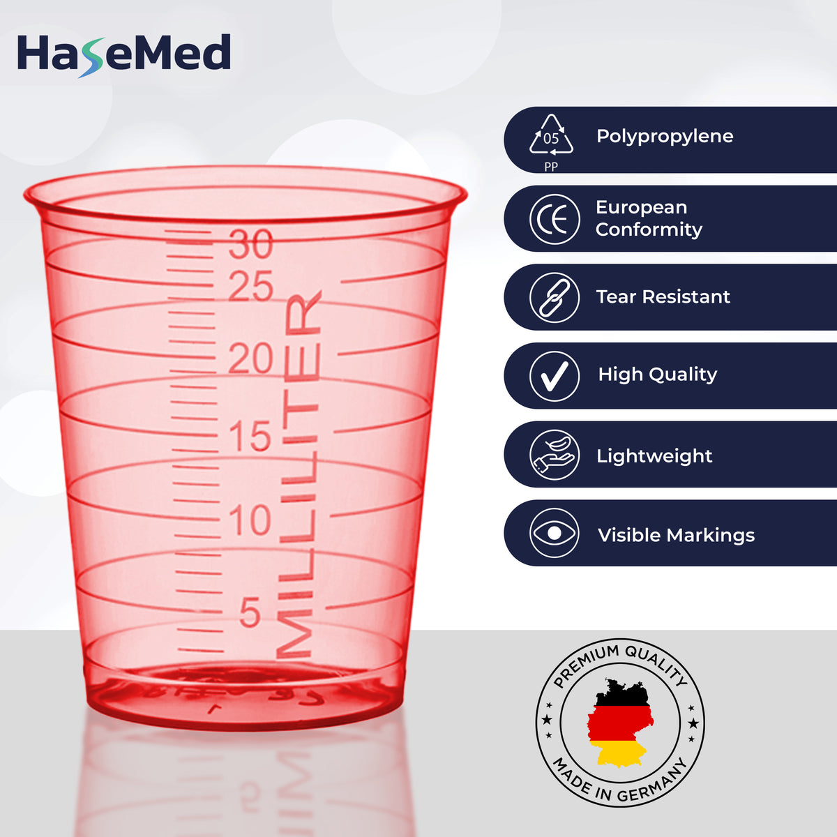 Eigenschaftsgrafik für HaseMed Medizinbecher mit 30 ml. Farbe: rot. Verkauft werden 80 Becher einer ausgewählten Farbe, ohne Deckel.