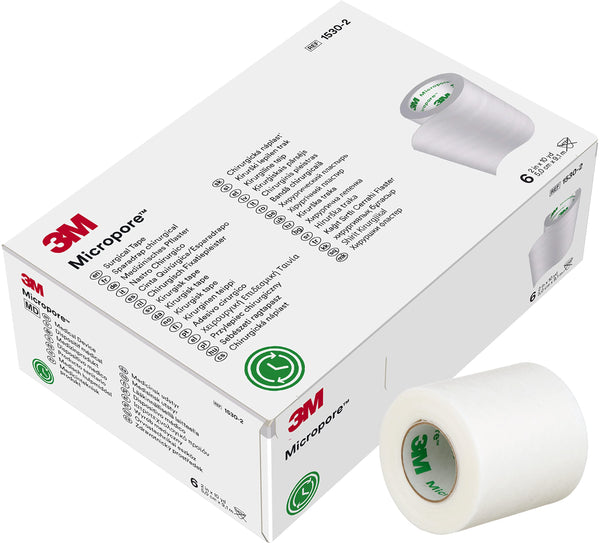 3M Micropore Non-Woven Adhesive Tape, 5 cm x 9.1 m, White, 6 Rolls/Pack, 1530-2