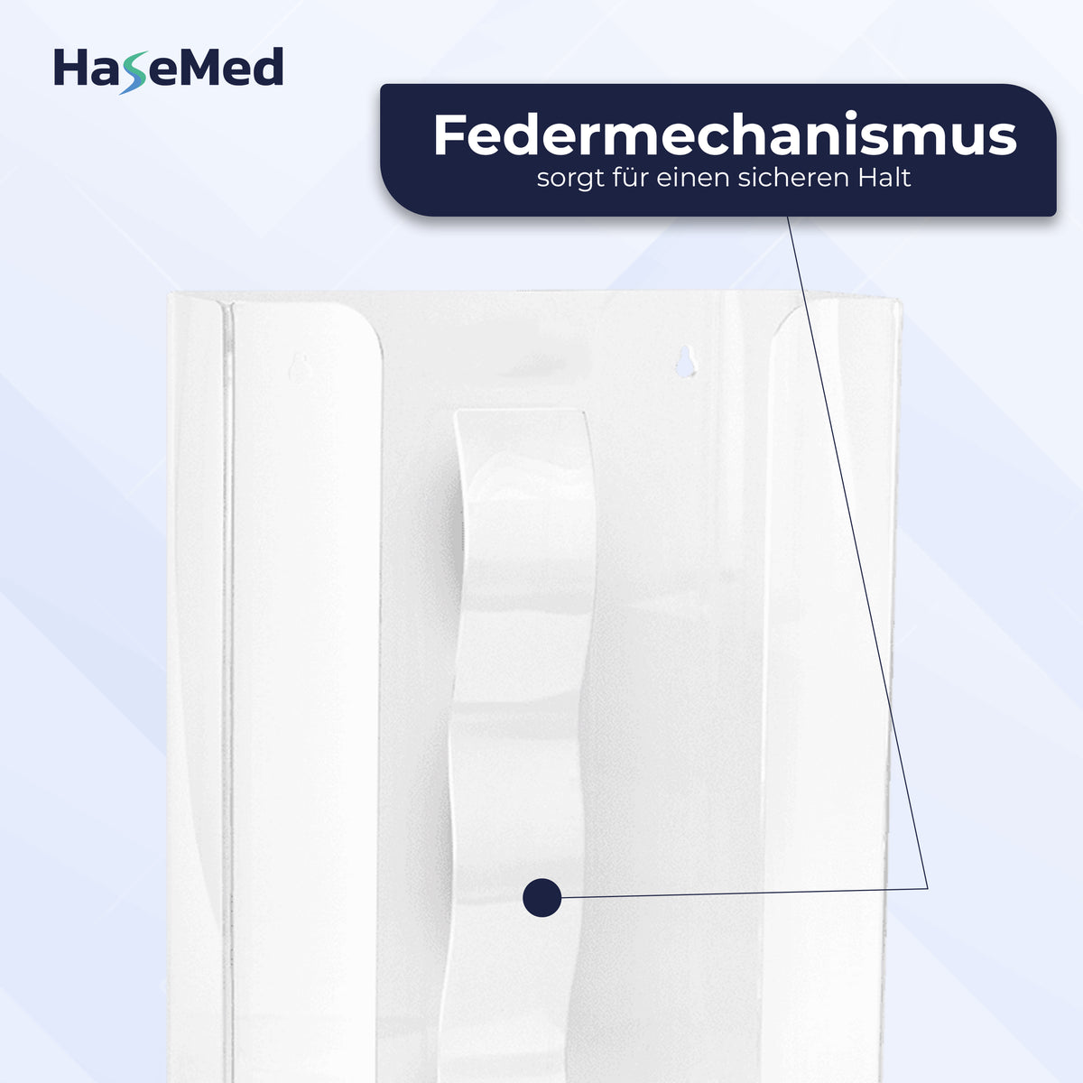Federdetail des HaseMed HAS-35 Acrylhalters für drei Handschuhboxen; deutsche Beschriftung.