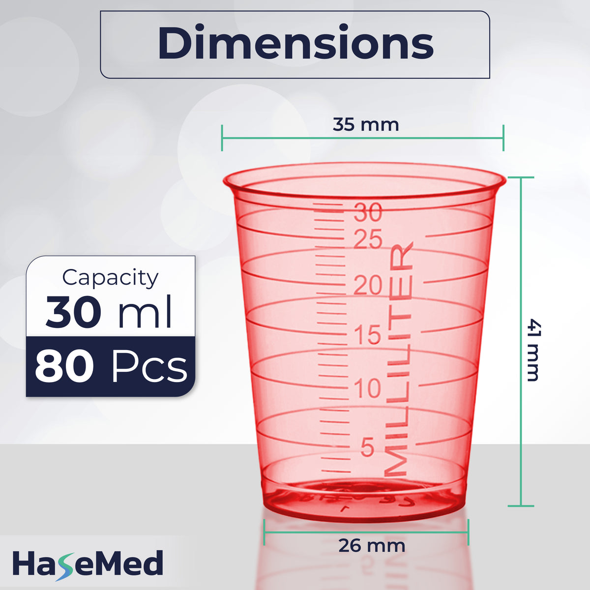 Maßgrafik eines HaseMed Medizinbechers mit 30 ml. Farbe: rot. Verkauft werden 80 Becher einer ausgewählten Farbe, ohne Deckel.