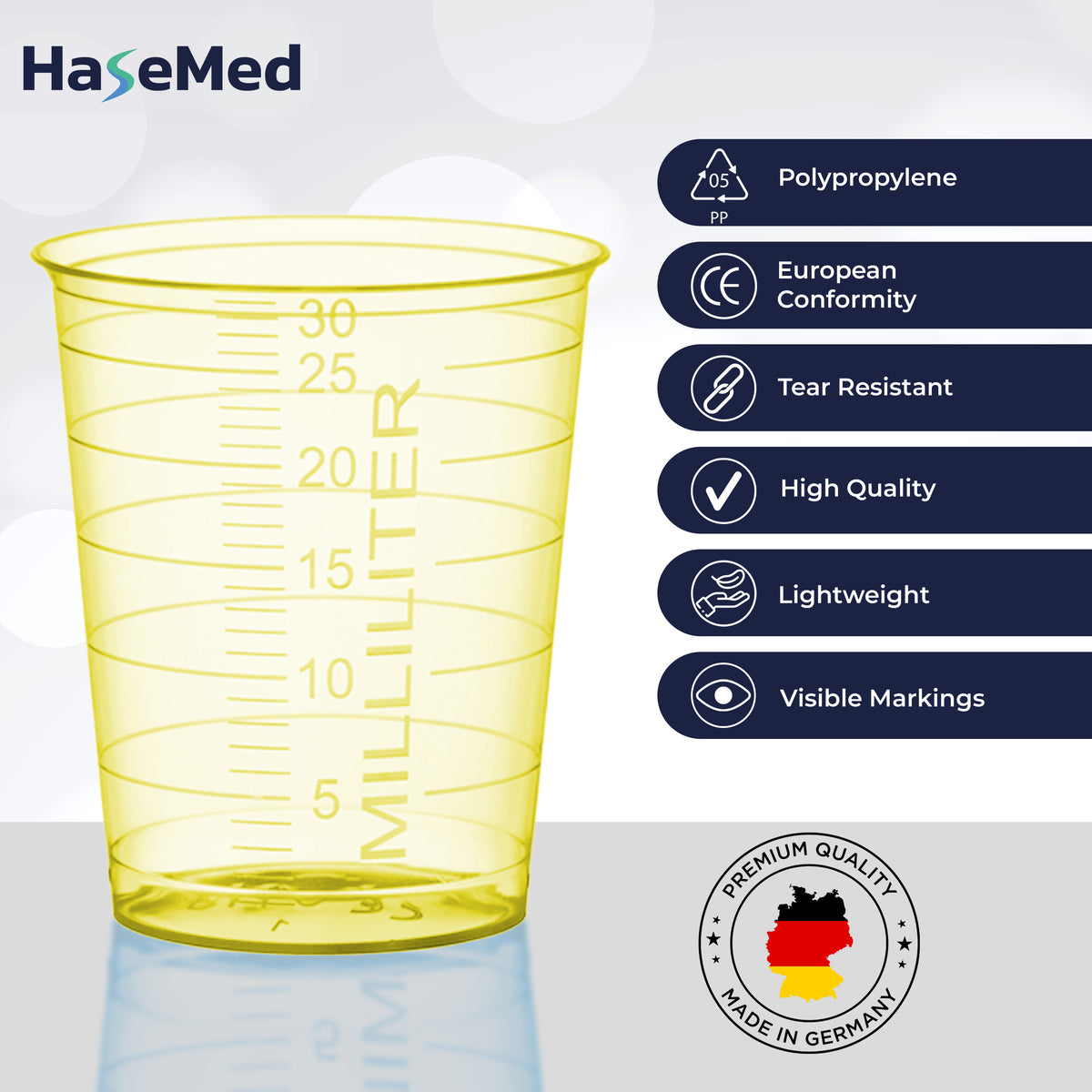 Eigenschaftsgrafik für HaseMed Medizinbecher mit 30 ml. Farbe: gelb. Verkauft werden 80 Becher einer ausgewählten Farbe, ohne Deckel.